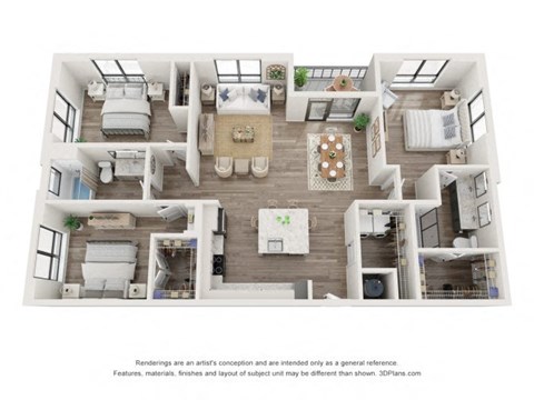 Floor plan for 3 beds, 2 baths, 1537 sqft